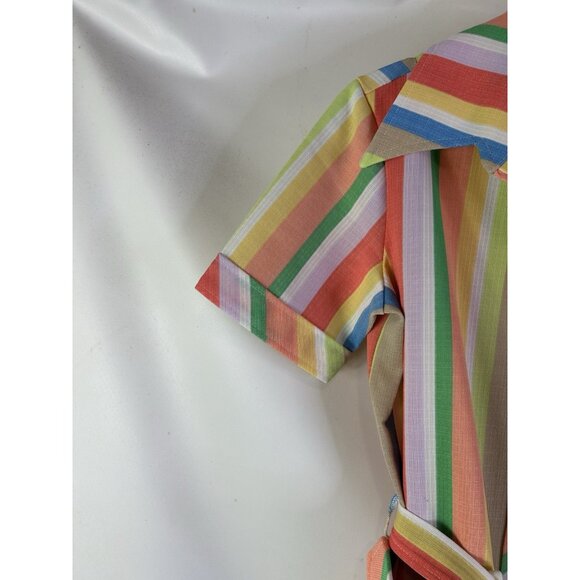 Vintage 70s Rainbow Stripe Belt Wrap Button Shirt Preppy Rockabilly - Picture 5 of 9